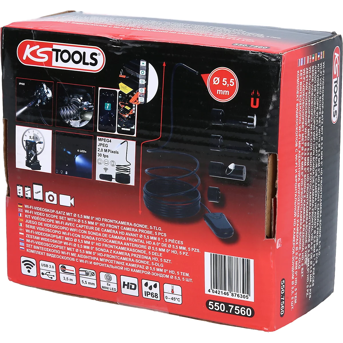 Auf roter Box KS TOOLS steht ein Endoskop-Kit. Produktbilder, technische Daten und Produktnummer.